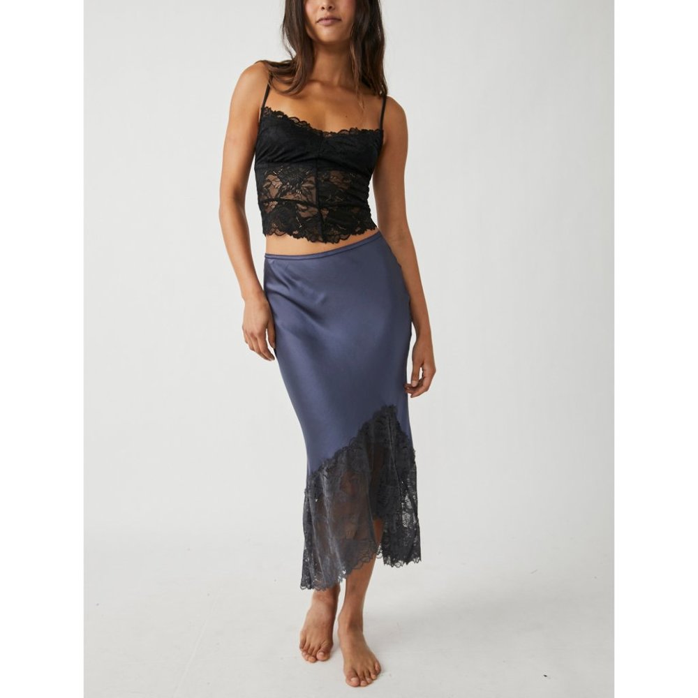 Free People Satin Midi Skirt in Slate Blue with Black Lace Trim